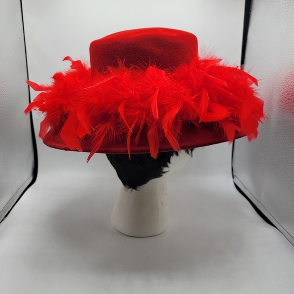 Vintage Wool Felt Hat • Red Feathers • Kentucky Derby • Wide Brim - Picture 4 of 6